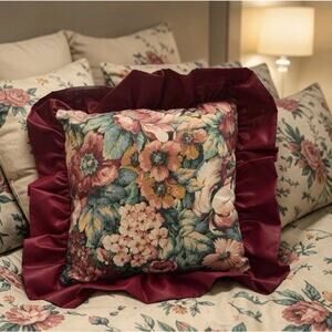 VINTAGE Floral Satin Ruffled Edge Throw Pillow 18” X 18” Maroon Red 3390-20